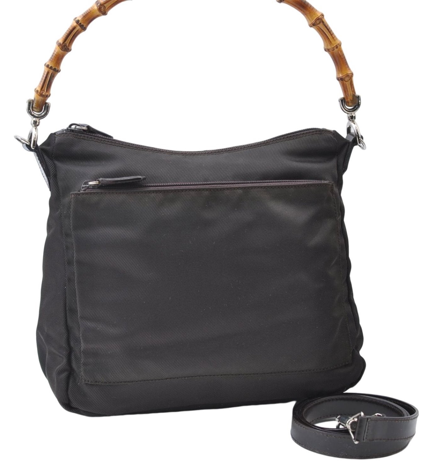Authentic GUCCI Vintage Bamboo 2Way Shoulder Hand Bag Nylon Leather Brown 6904E