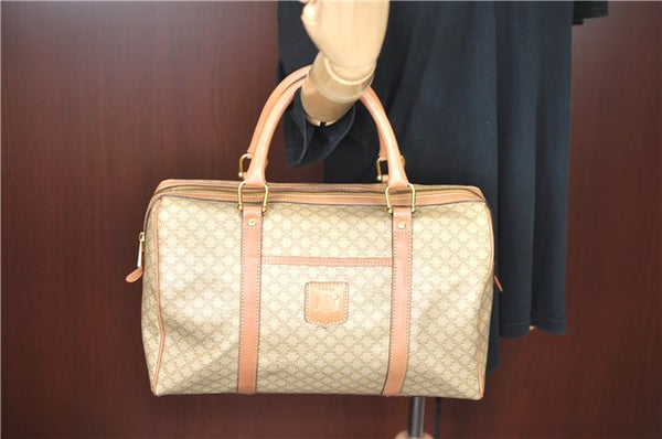 Authentic CELINE Macadam Blason Pattern Hand Boston Bag PVC Leather Beige 6908D