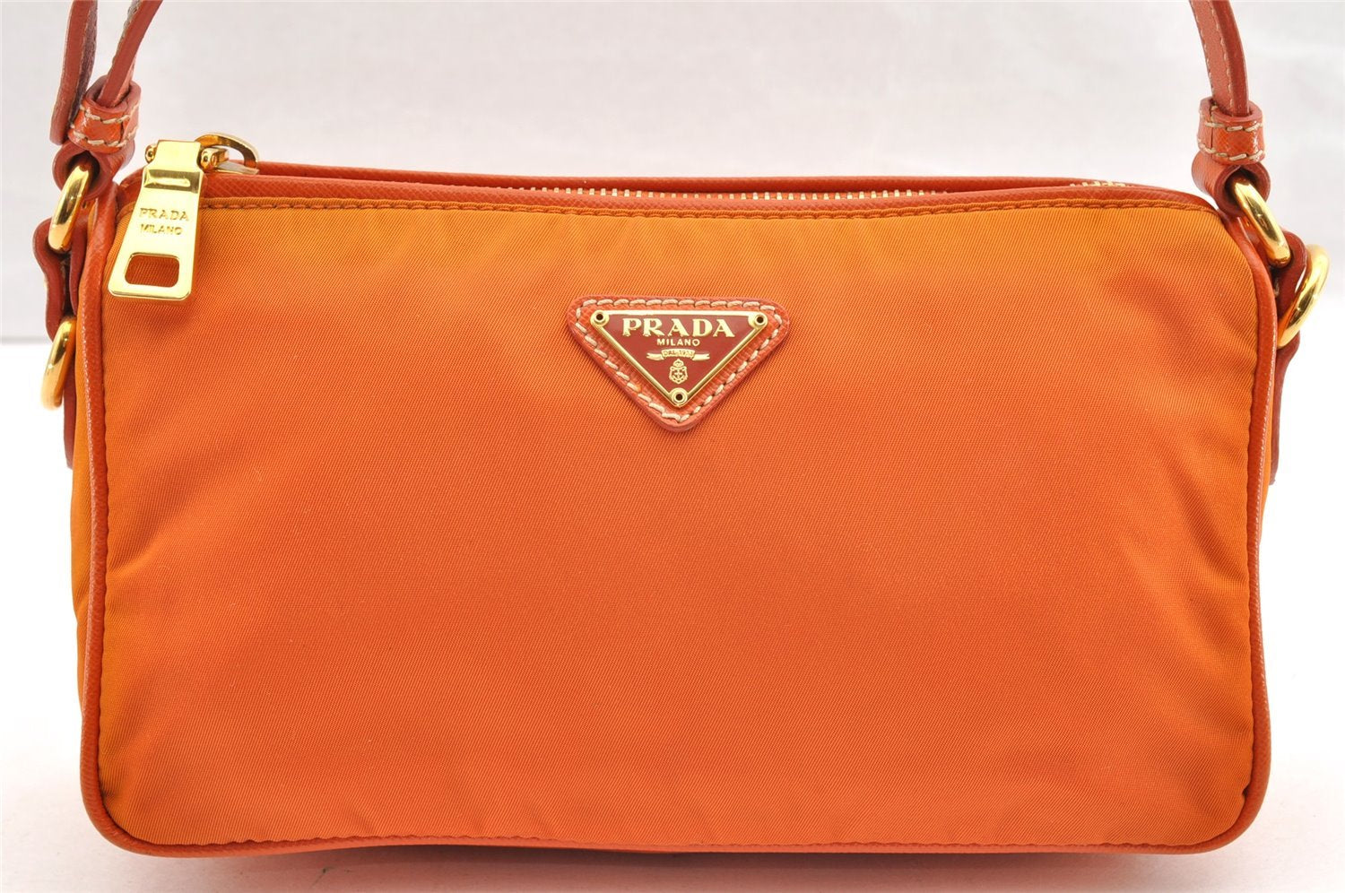 Authentic PRADA Nylon Tessuto Saffiano Leather Hand Bag Pouch Purse Orange 6919I