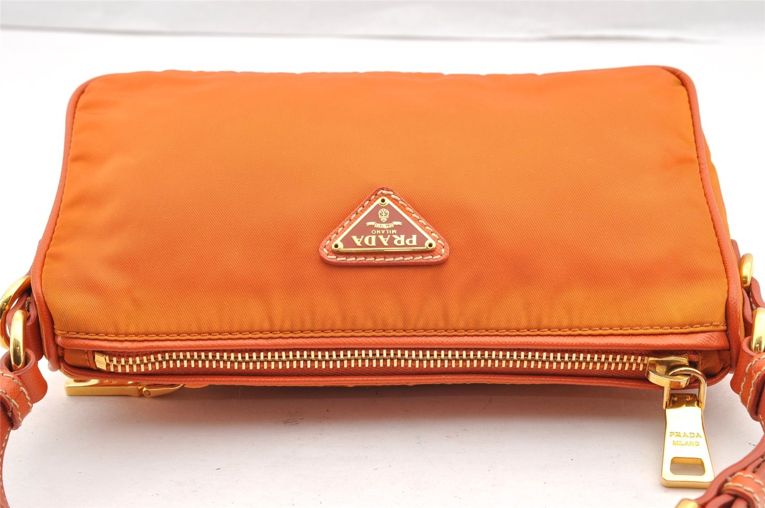 Authentic PRADA Nylon Tessuto Saffiano Leather Hand Bag Pouch Purse Orange 6919I