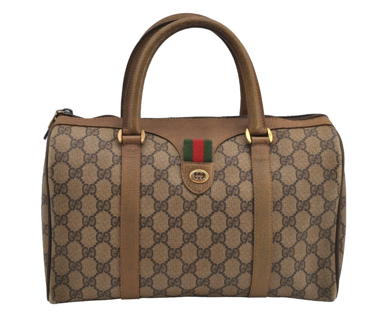 Authentic GUCCI Web Sherry Line Hand Boston Bag GG PVC Leather Brown Junk 6920I