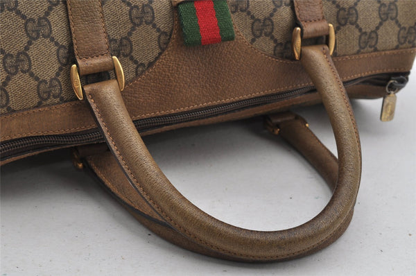 Authentic GUCCI Web Sherry Line Hand Boston Bag GG PVC Leather Brown Junk 6920I