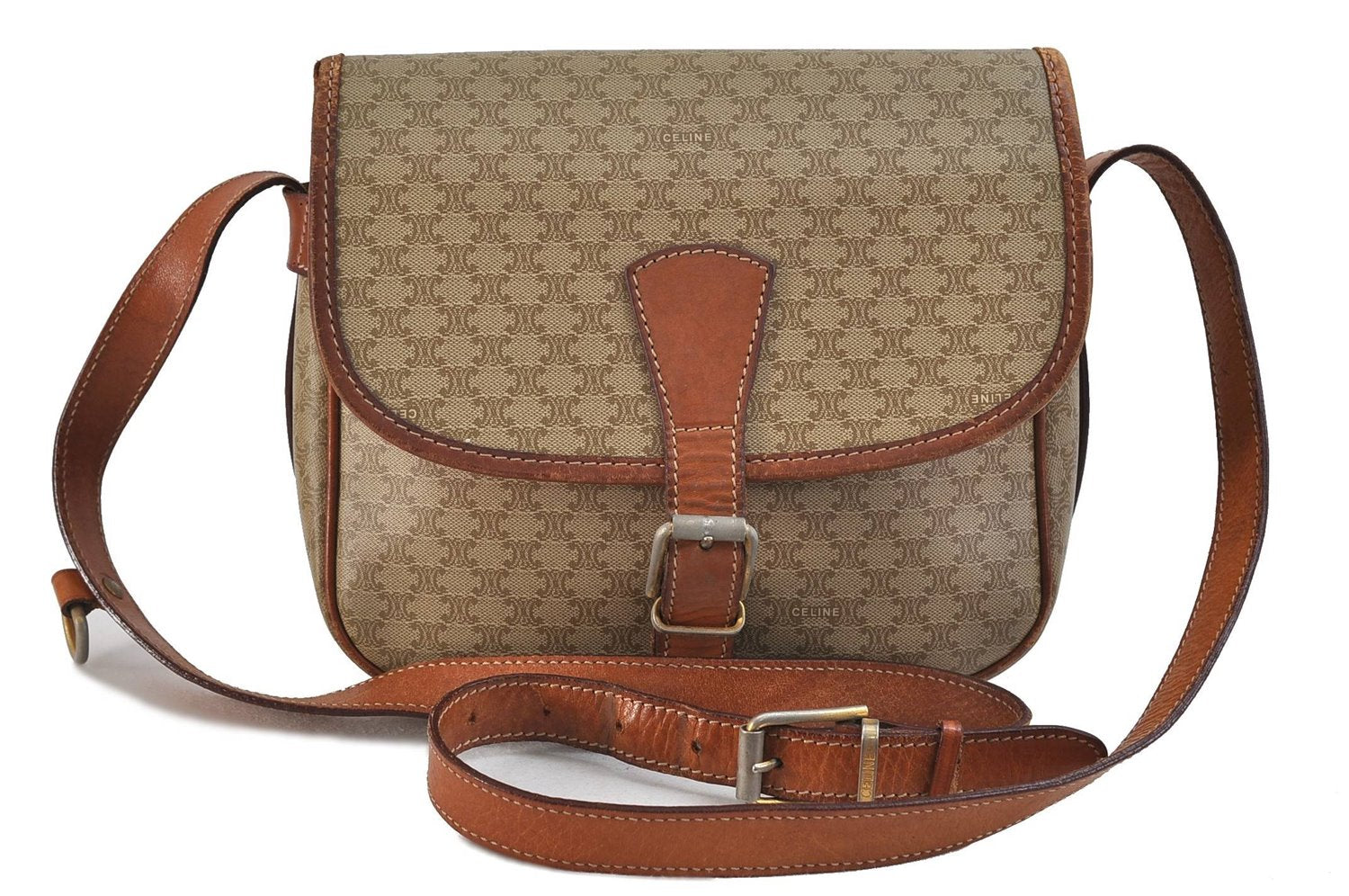 Authentic CELINE Macadam Blason Shoulder Cross Body Bag PVC Leather Beige 6922C