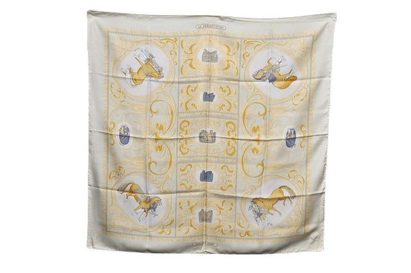 Authentic HERMES Carre 90 Scarf "LA PRESENTATION" Silk Yellow Beige 6931B