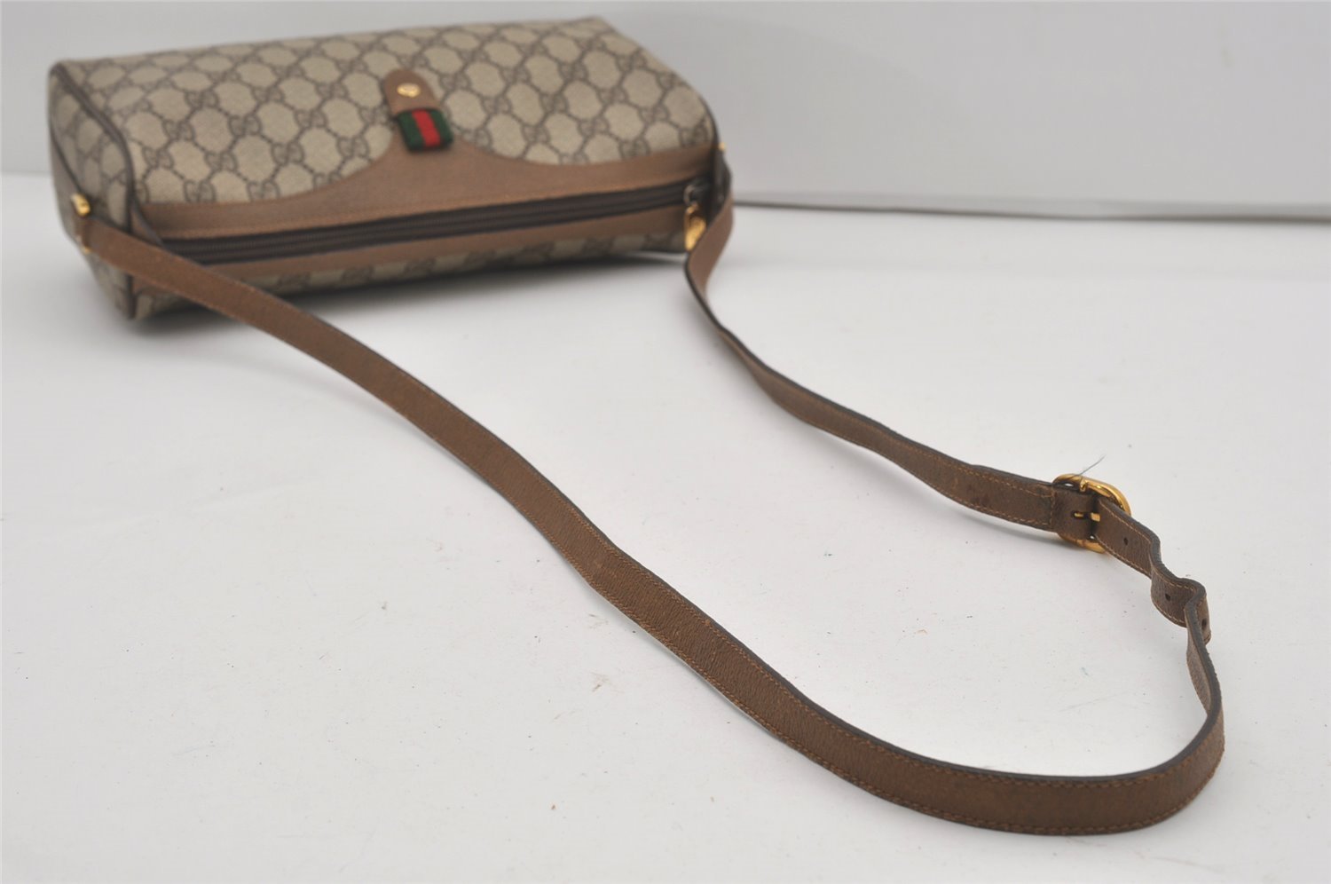 Authentic GUCCI Web Sherry Line Shoulder Cross Bag GG PVC Leather Brown 6946I