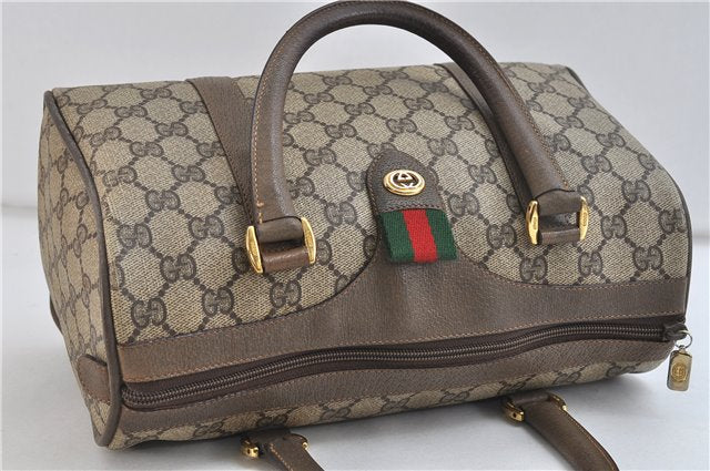 Authentic GUCCI Web Sherry Line Hand Boston Bag Purse GG PVC Leather Brown 6947C