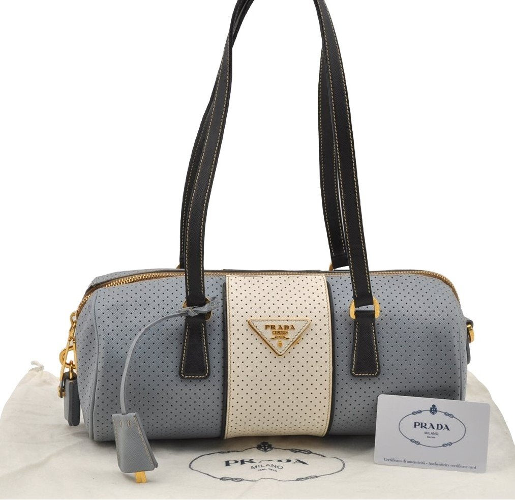 Authentic PRADA Punching Saffiano Leather Shoulder Bag BL0648 Light Blue 6973I