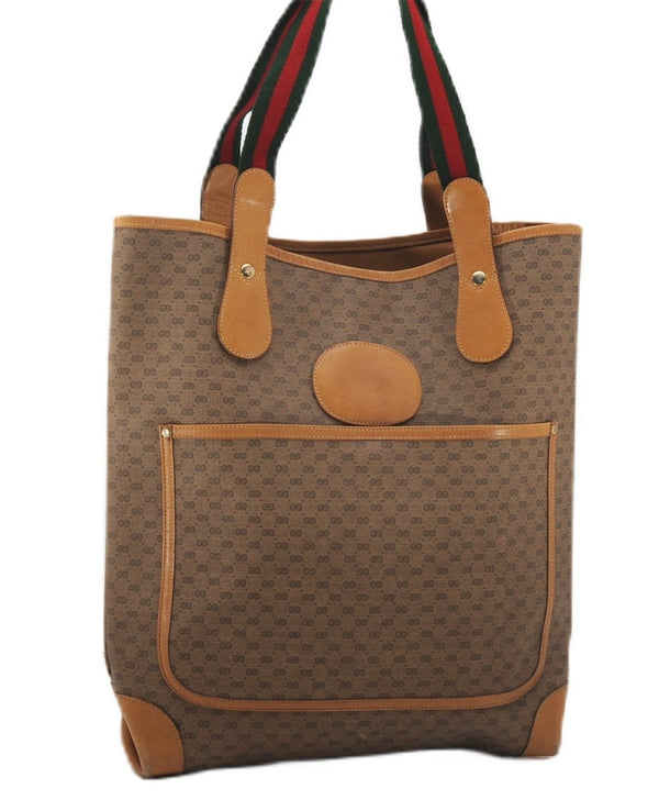 Authentic GUCCI Web Sherry Line Micro GG Tote Bag PVC Leather Brown 6984F