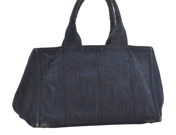 Authentic PRADA Vintage Canapa M Denim Tote Hand Bag Blue 6985I