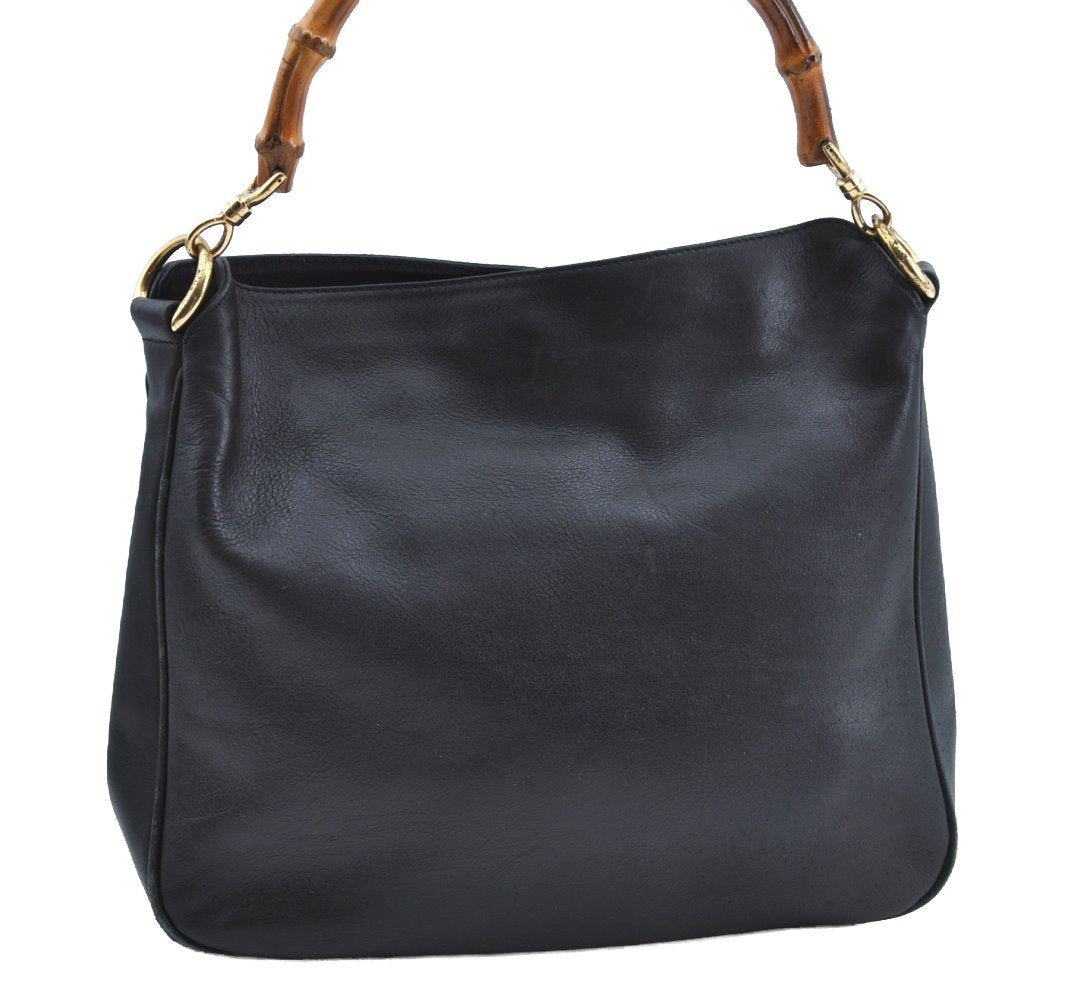Authentic GUCCI Vintage Bamboo Shoulder Tote Bag Leather Black Junk 7005G