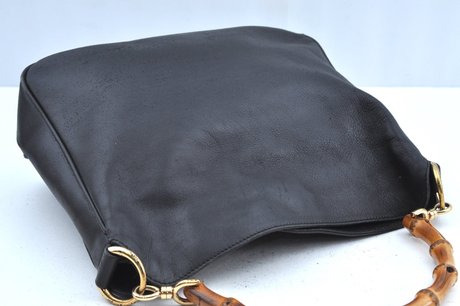 Authentic GUCCI Vintage Bamboo Shoulder Tote Bag Leather Black Junk 7005G