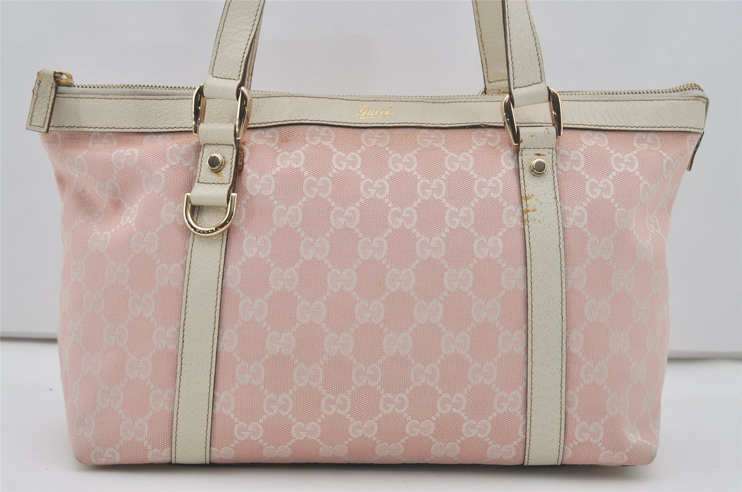 Authentic GUCCI Abbey Shoulder Tote Bag GG Canvas Leather 141470 Pink 7007I