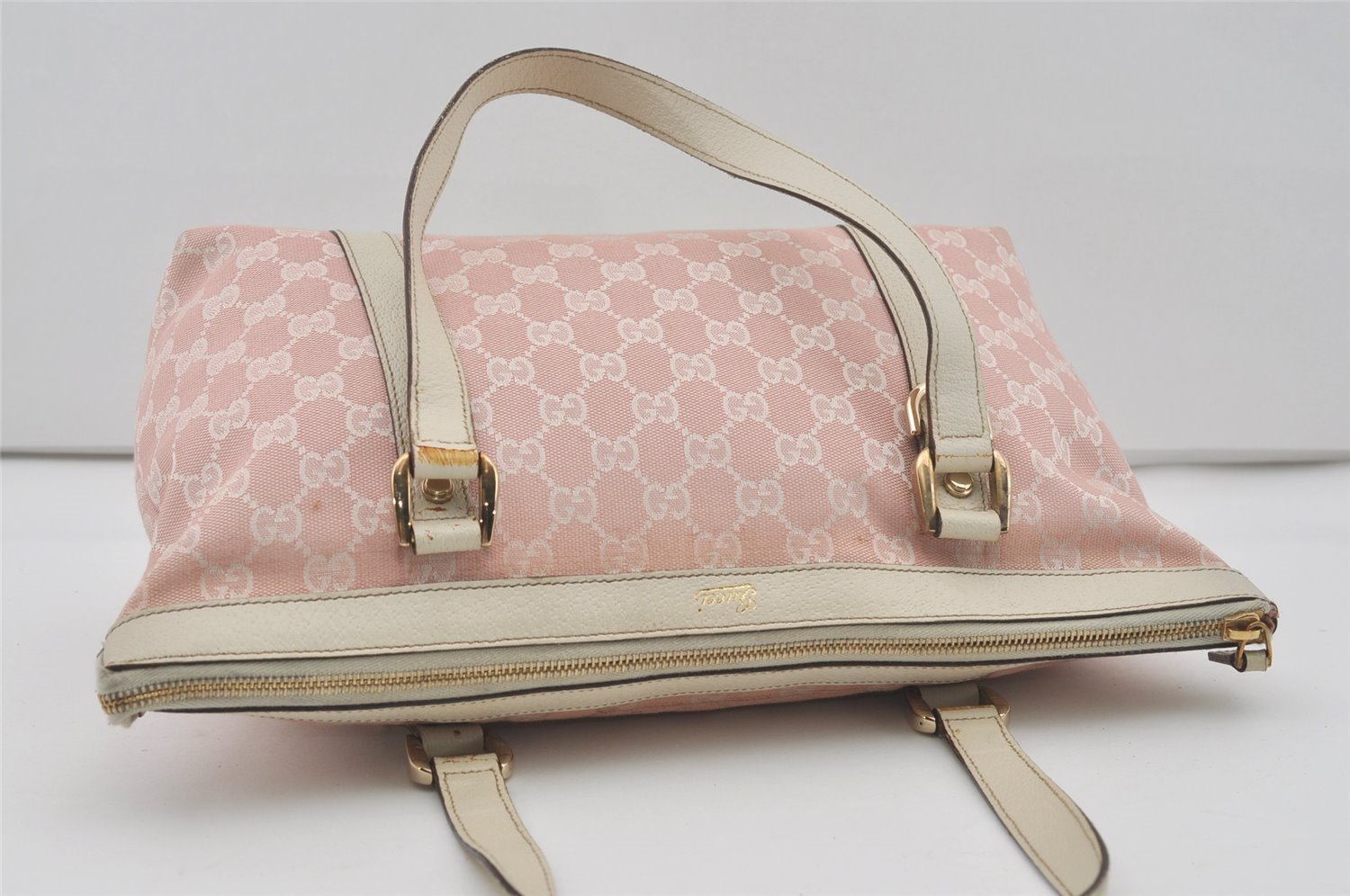 Authentic GUCCI Abbey Shoulder Tote Bag GG Canvas Leather 141470 Pink 7007I
