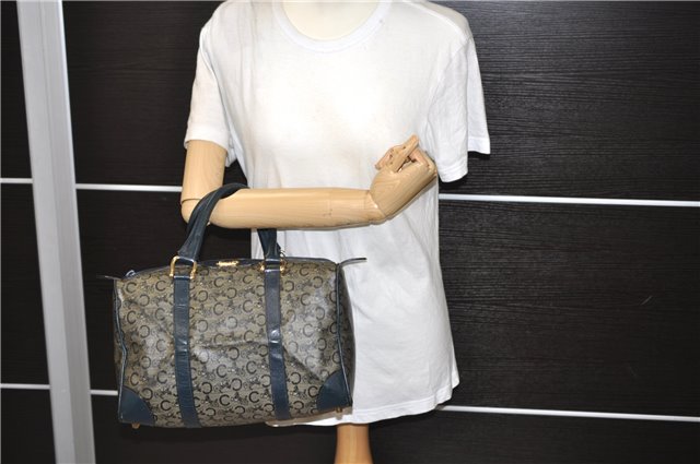 Authentic CELINE C Macadam Blason Pattern Hand Boston Bag PVC Leather Blue 7010C