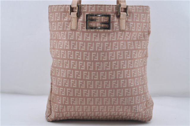 Authentic FENDI Zucchino Shoulder Hand Bag Canvas Leather Pink Beige 7021D