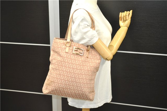 Authentic FENDI Zucchino Shoulder Hand Bag Canvas Leather Pink Beige 7021D