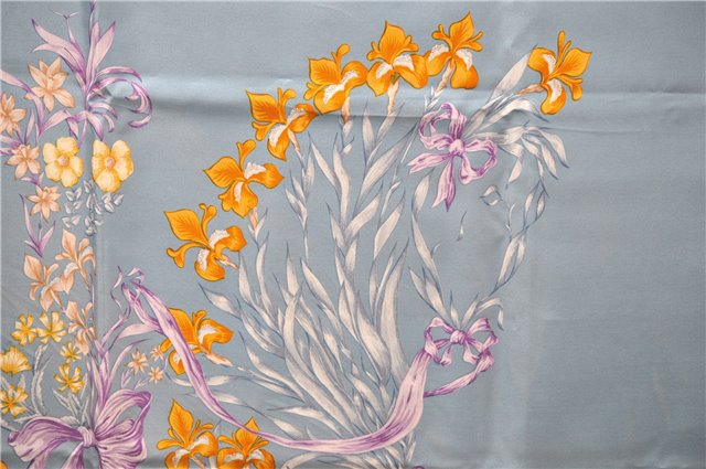 Authentic HERMES Carre 90 Scarf Flower Motif Silk Brown Blue Box 7027D