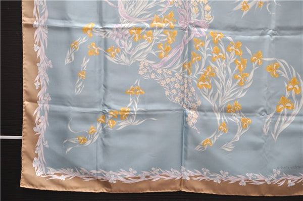 Authentic HERMES Carre 90 Scarf Flower Motif Silk Brown Blue Box 7027D