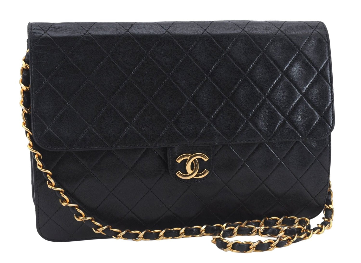 Authentic CHANEL Calf Skin Matelasse Chain Shoulder Bag Purse Black CC 7028D