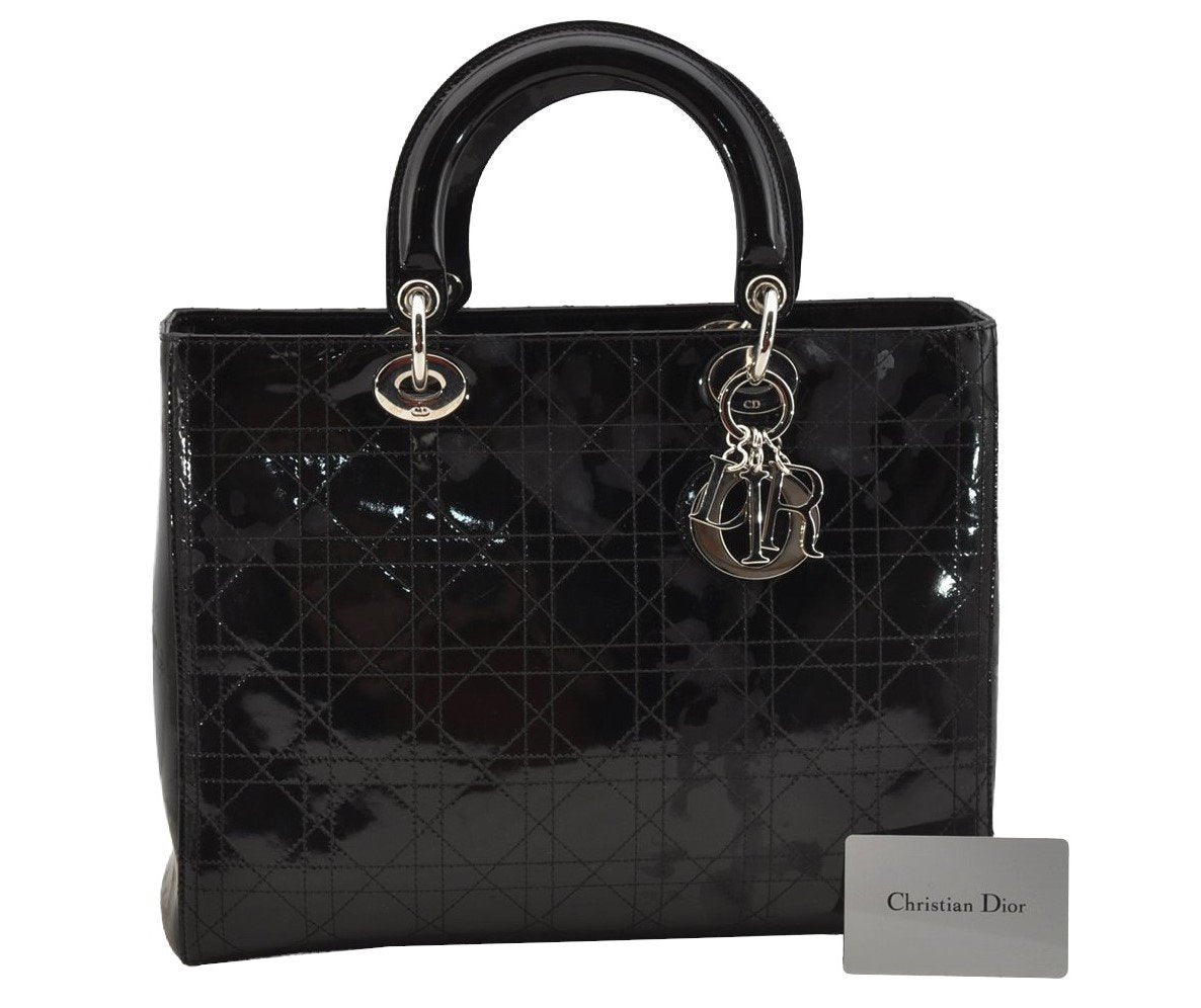 Authentic Christian Dior Diorissimo Cannage Tote Hand Bag Enamel Black CD 7028I