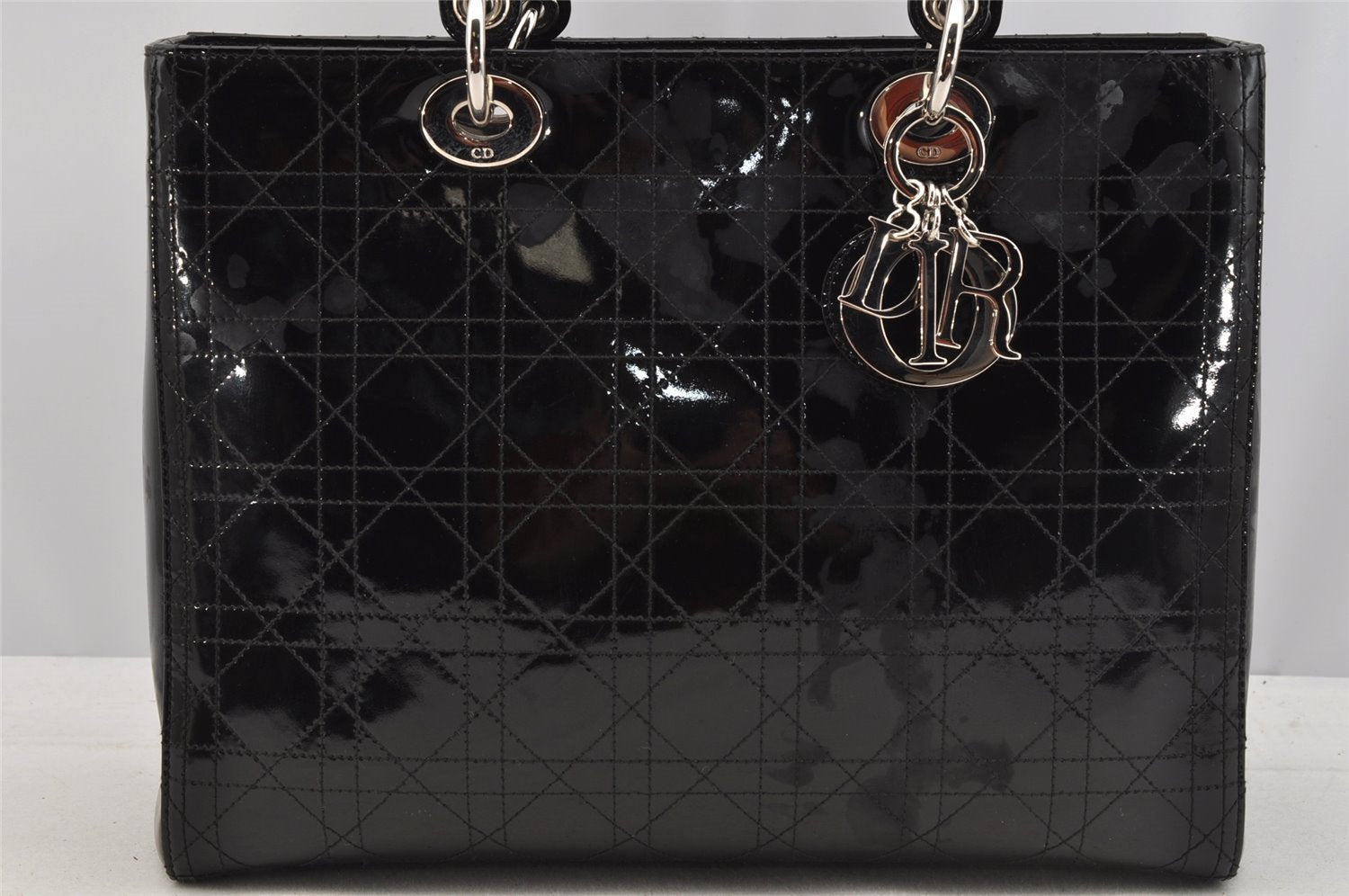 Authentic Christian Dior Diorissimo Cannage Tote Hand Bag Enamel Black CD 7028I