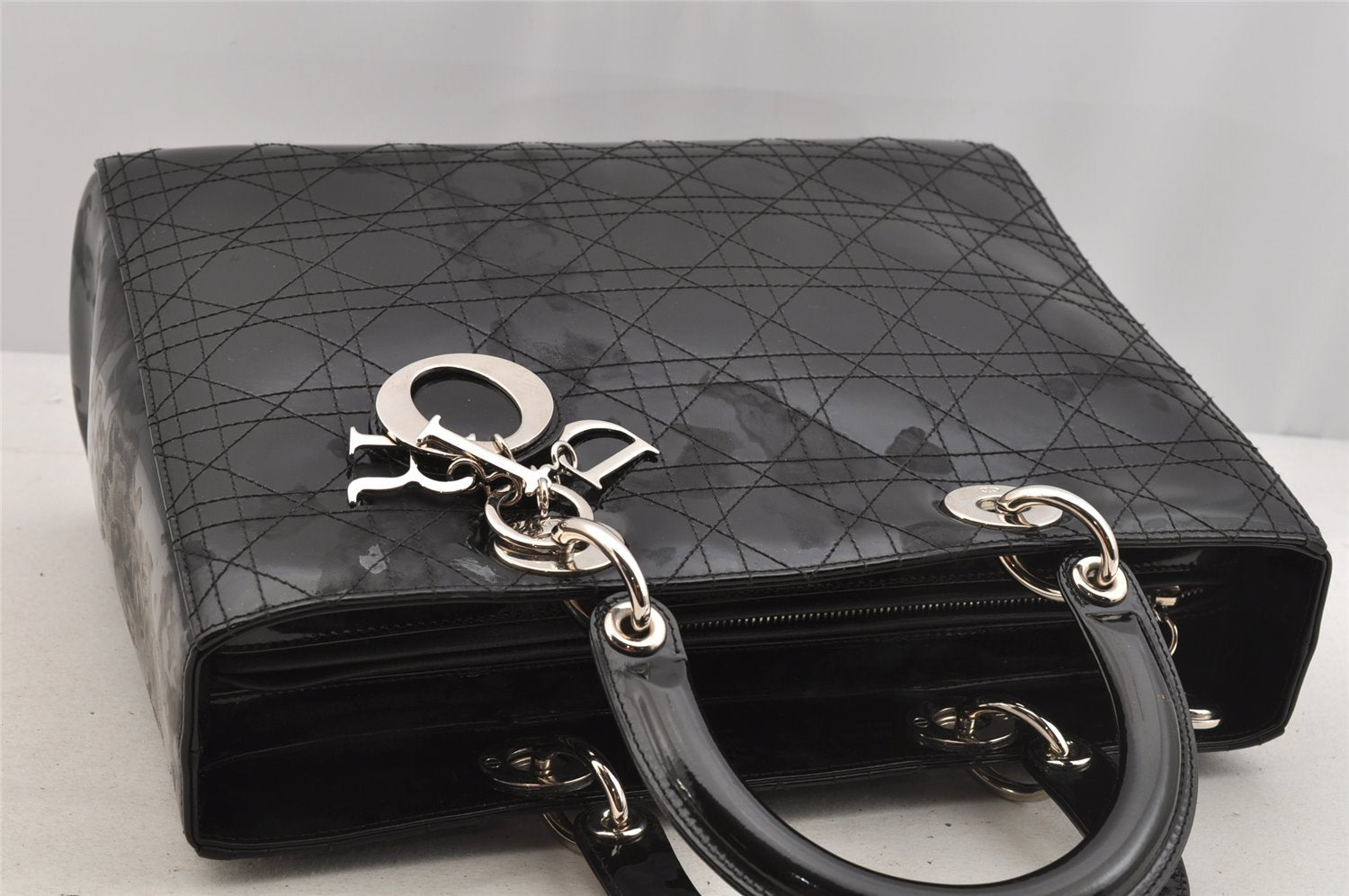 Authentic Christian Dior Diorissimo Cannage Tote Hand Bag Enamel Black CD 7028I