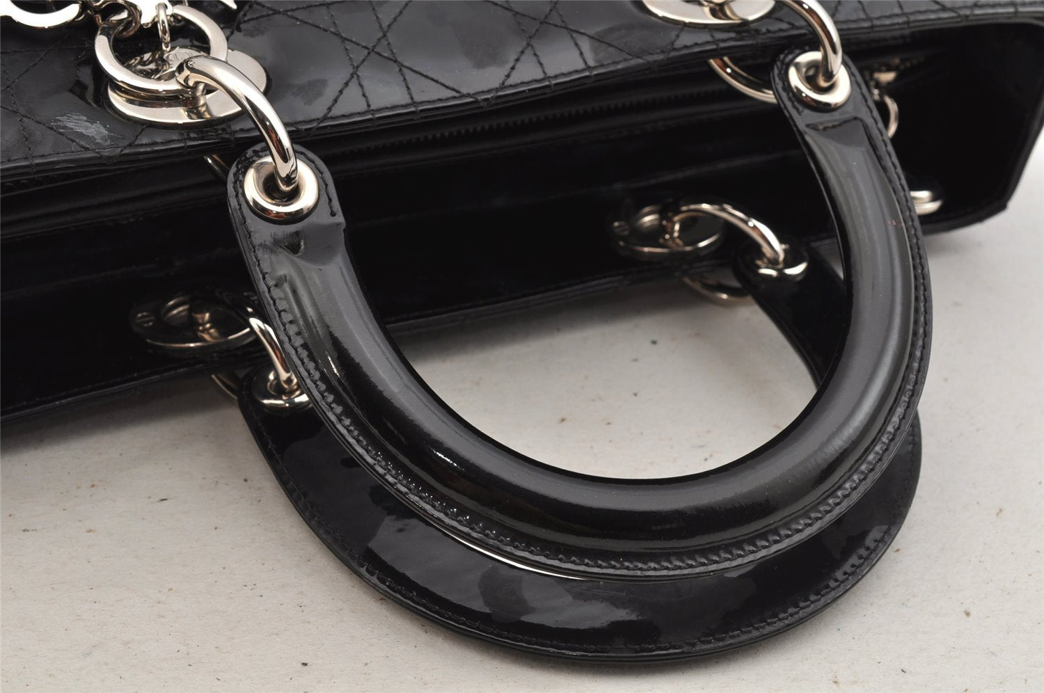 Authentic Christian Dior Diorissimo Cannage Tote Hand Bag Enamel Black CD 7028I