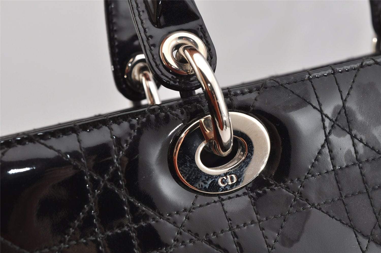 Authentic Christian Dior Diorissimo Cannage Tote Hand Bag Enamel Black CD 7028I