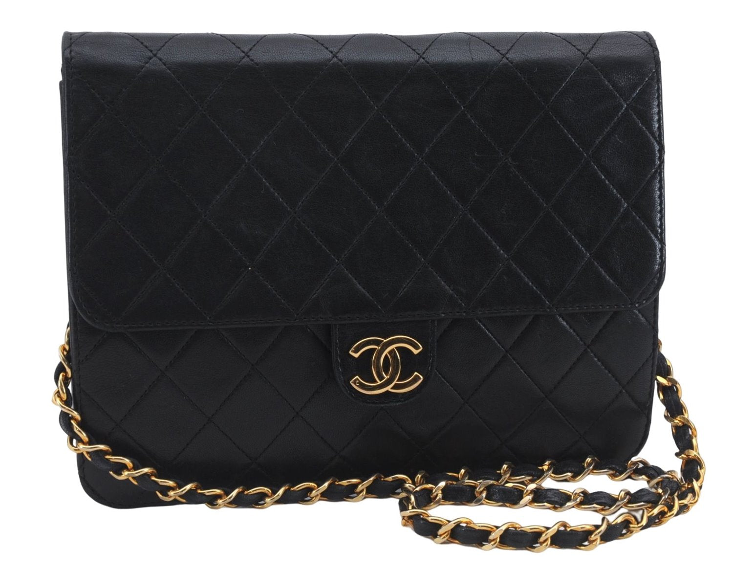 Authentic CHANEL Calf Skin Matelasse Chain Shoulder Bag Purse Black CC 7029D