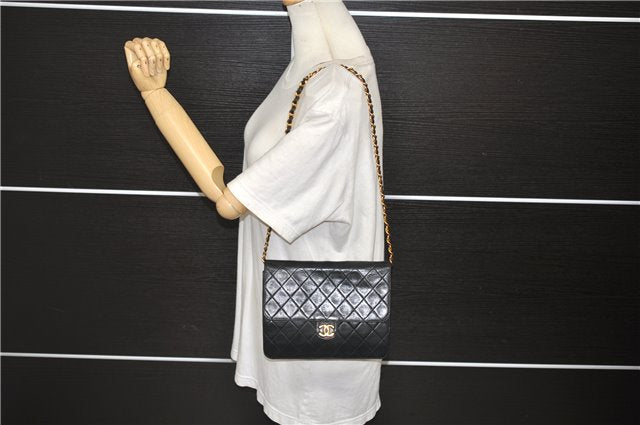 Authentic CHANEL Calf Skin Matelasse Chain Shoulder Bag Purse Black CC 7029D