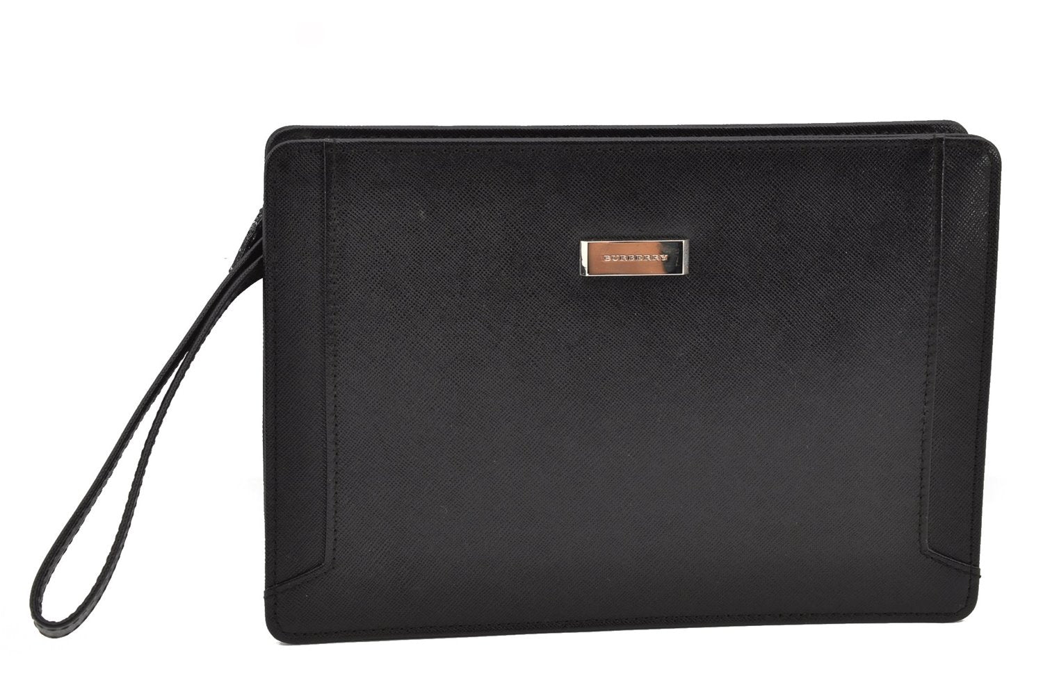 Authentic BURBERRY Vintage Leather Clutch Hand Bag Purse Black 7030F