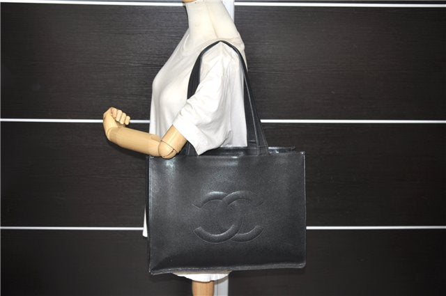 Authentic CHANEL Caviar Skin CoCo Mark Shoulder Tote Bag Black CC 7031D