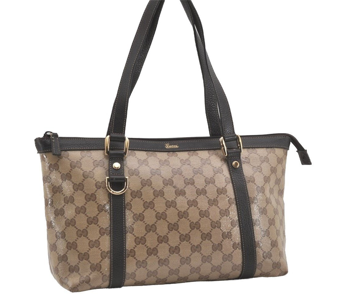 Authentic GUCCI GG Crystal Abbey Shoulder Tote Bag PVC Leather Brown 7033I