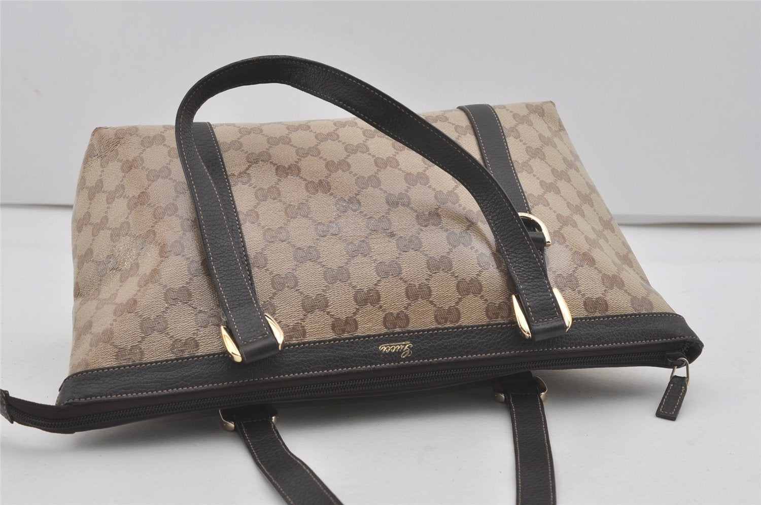 Authentic GUCCI GG Crystal Abbey Shoulder Tote Bag PVC Leather Brown 7033I