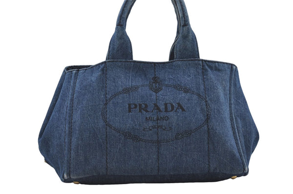 Authentic PRADA Canapa M Denim Tote Hand Bag Blue 7041D