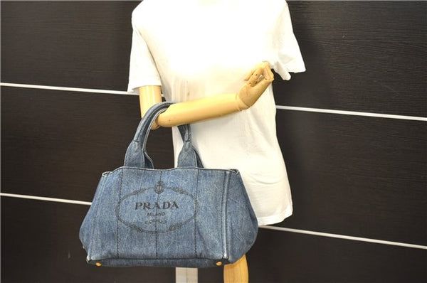 Authentic PRADA Canapa M Denim Tote Hand Bag Blue 7041D