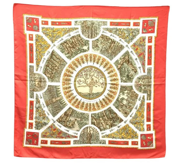 Authentic HERMES Carre 90 Scarf "LE SONGE DE POLIPHILE" Silk Red 7042D