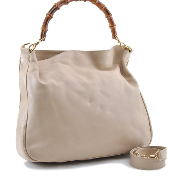 Authentic GUCCI Bamboo Shoulder Hand Bag Nylon Leather Ivory 7044C