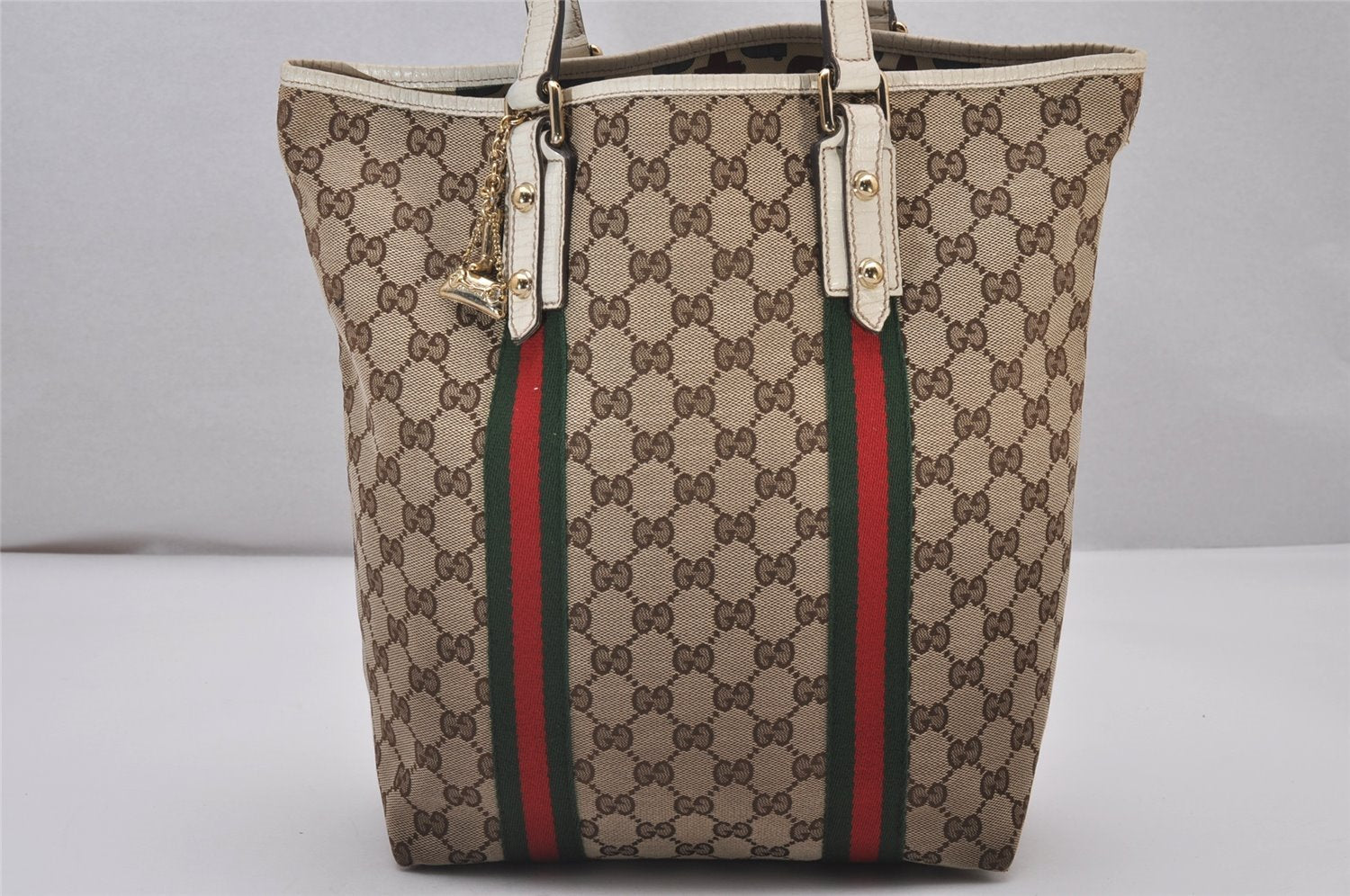 Authentic GUCCI Web Sherry Line Shoulder Tote Bag GG Canvas 162899 Brown 7050I