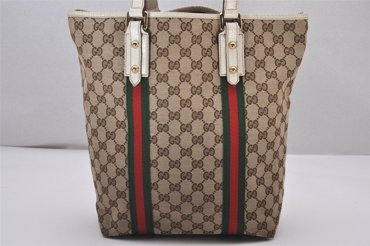 Authentic GUCCI Web Sherry Line Shoulder Tote Bag GG Canvas 162899 Brown 7050I