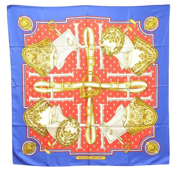 Authentic HERMES Carre 90 Scarf "SELLES A HOUSSE" Silk Blue 7051D