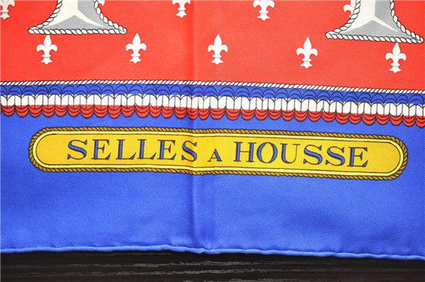 Authentic HERMES Carre 90 Scarf "SELLES A HOUSSE" Silk Blue 7051D