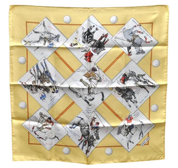 HERMES Petit Carre 40 Scarf Handkerchief "LE MONDE DU POLO" Silk Yellow 7053D