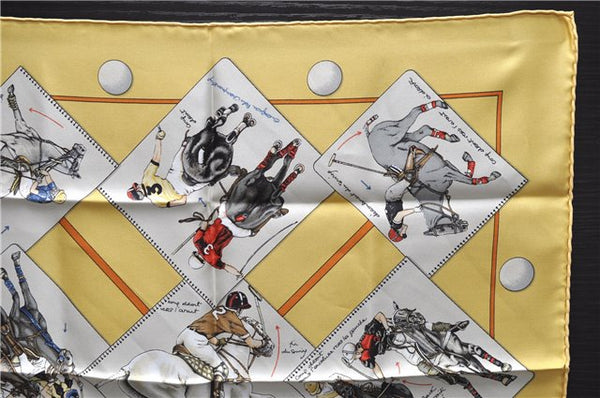 HERMES Petit Carre 40 Scarf Handkerchief "LE MONDE DU POLO" Silk Yellow 7053D