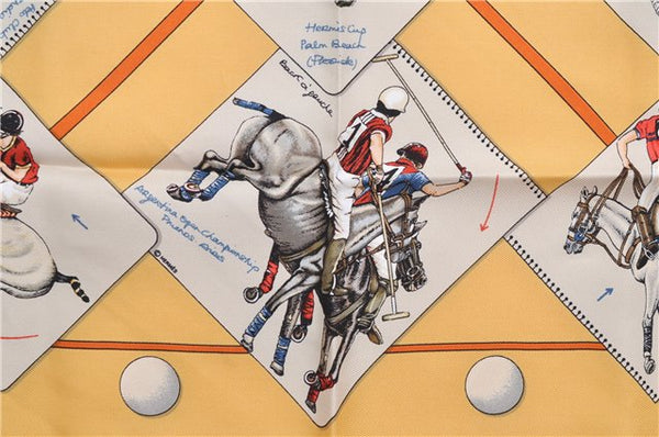 HERMES Petit Carre 40 Scarf Handkerchief "LE MONDE DU POLO" Silk Yellow 7053D