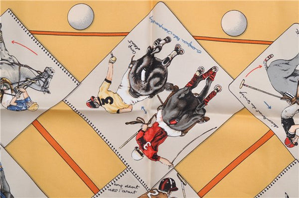 HERMES Petit Carre 40 Scarf Handkerchief "LE MONDE DU POLO" Silk Yellow 7053D