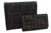 Auth FENDI Zucca Trifold Wallet Purse Key Case Nylon Leather Brown 2Set 7060D