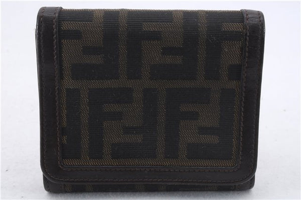 Auth FENDI Zucca Trifold Wallet Purse Key Case Nylon Leather Brown 2Set 7060D