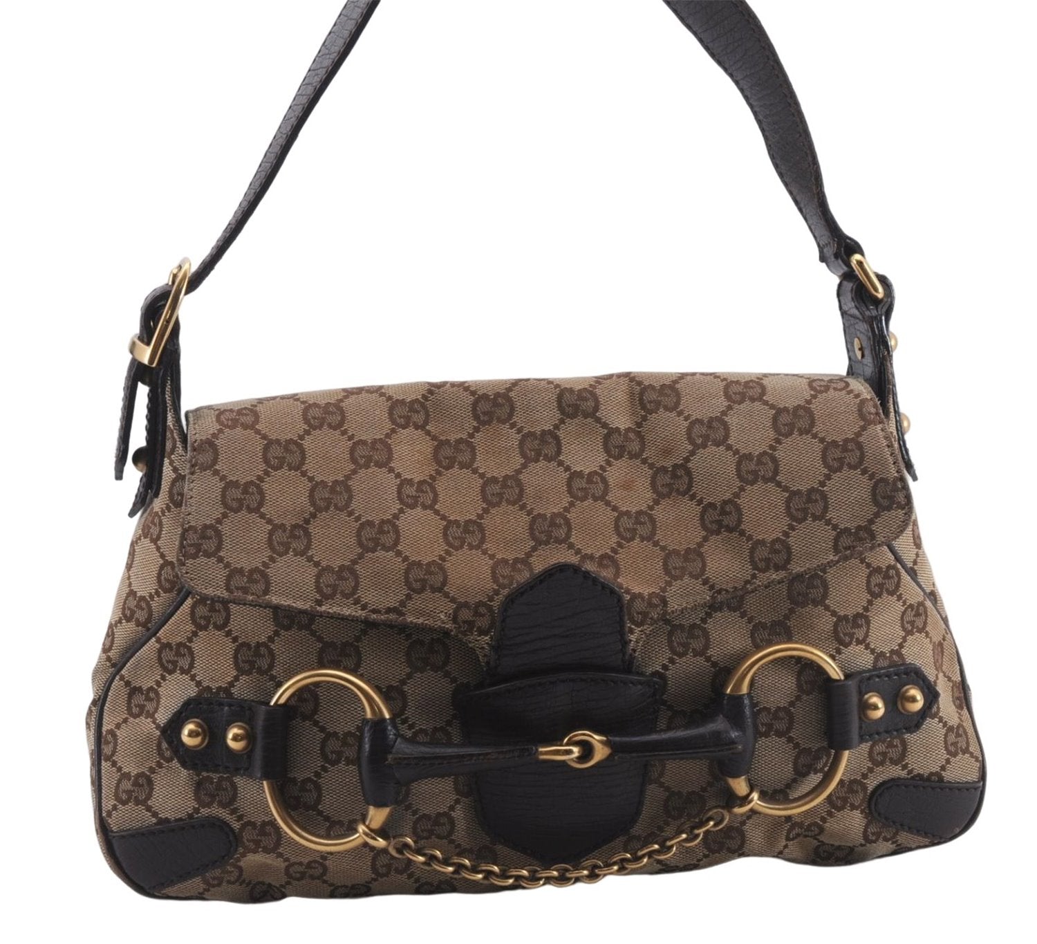 Authentic GUCCI Horsebit Shoulder Hand Bag GG Canvas Leather 114915 Brown 7067D