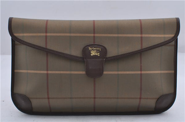 Authentic Burberrys Vintage Check Canvas Clutch Hand Bag Khaki Green Brown 7084C